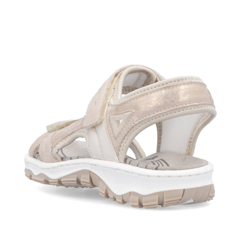 Rieker 68866-31 pink touch fastening sandals with beige accents, open toe, cushioned sole, and adjustable strap.