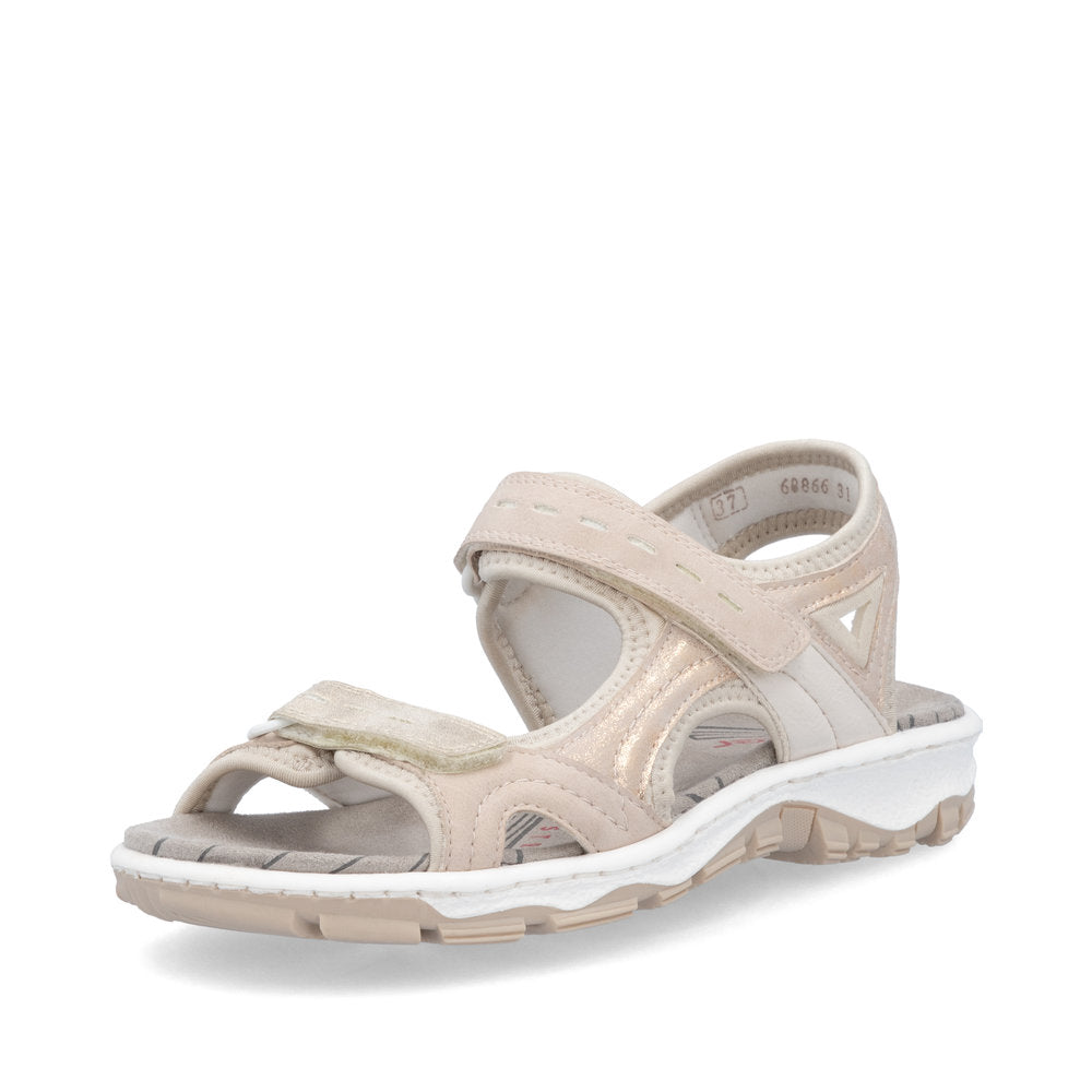 Rieker 68866-31 Pink Touch fastening casual sandals for women, open-toe design with adjustable straps and cushioned sole.