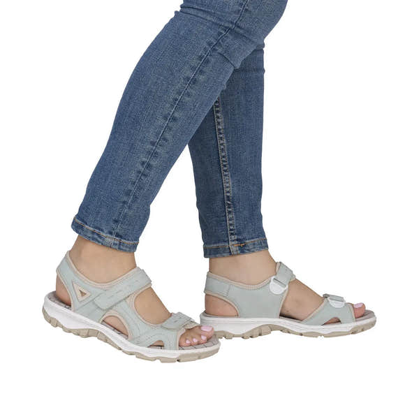Rieker 68866-52 ladies light blue touch fastening sandals with chunky sole and open toe design.