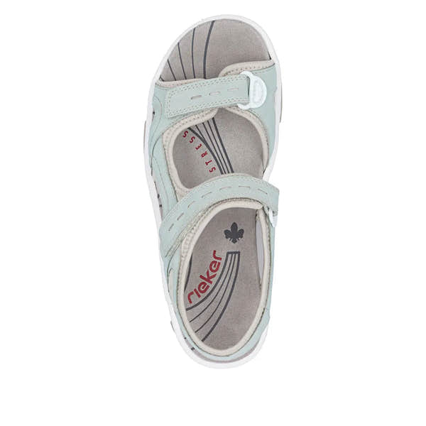 Light blue Rieker 68866-52 ladies' touch fastening sandals with open toe and adjustable straps, lightweight and comfortable for summer wear.