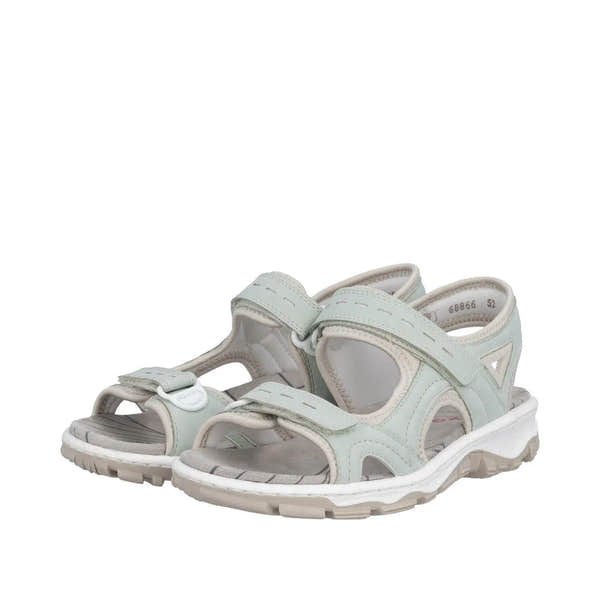 Rieker 68866-52 ladies light blue touch fastening sandals with straps, open toe, cushioned sole, and adjustable Velcro closures.