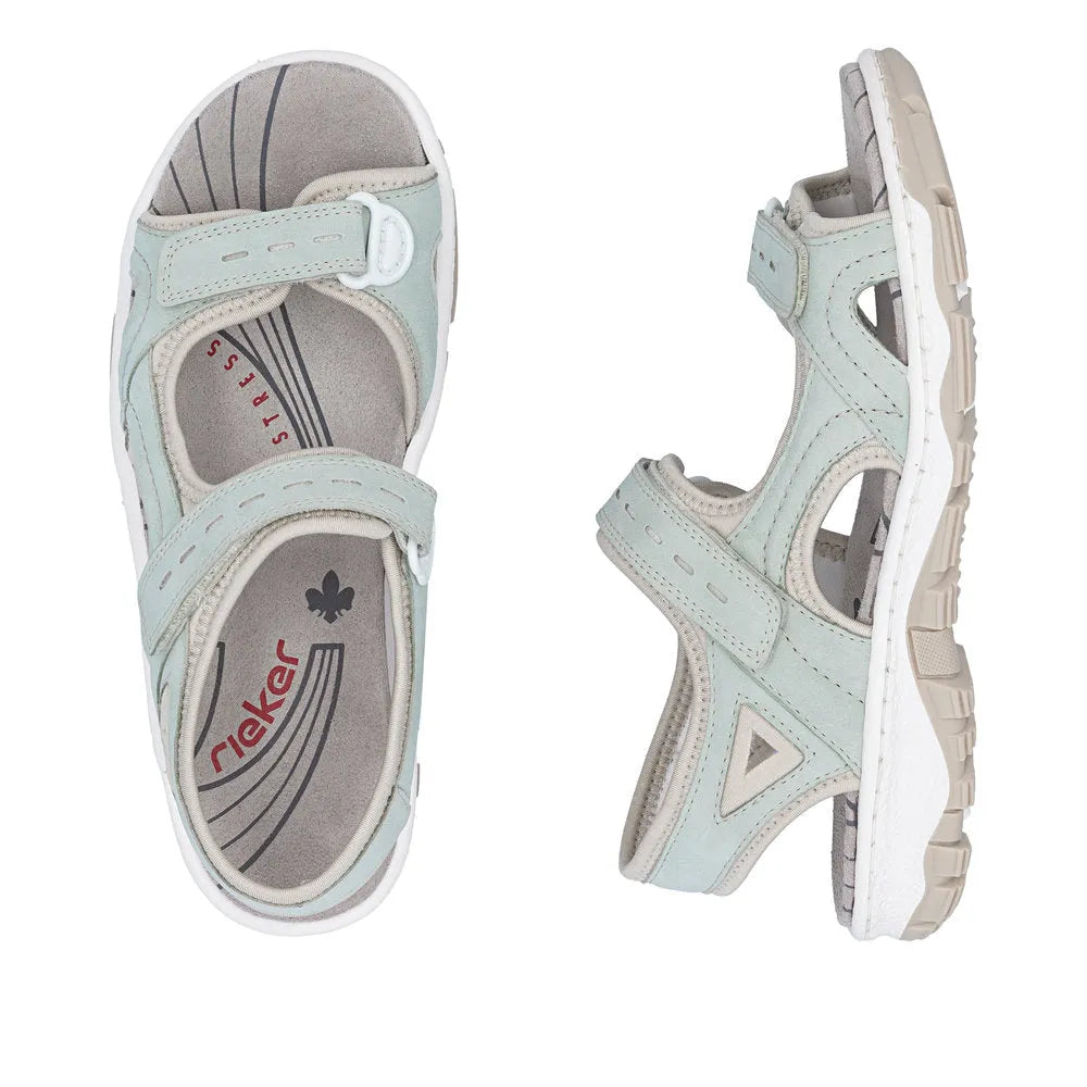 Rieker 68866-52 ladies light blue touch fastening sandals with open toes and cushioned insoles.