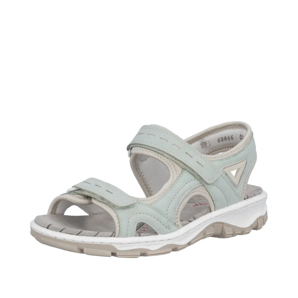 Rieker 68866-52 ladies light blue touch fastening sandals with open toe, support straps, and cushioned sole.