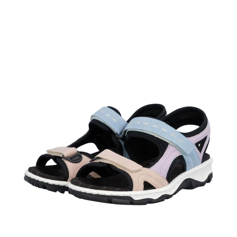 Rieker 68866-93 ladies multi-touch fastening sandals with pastel-colored straps, open toe design, and cushioned sole.