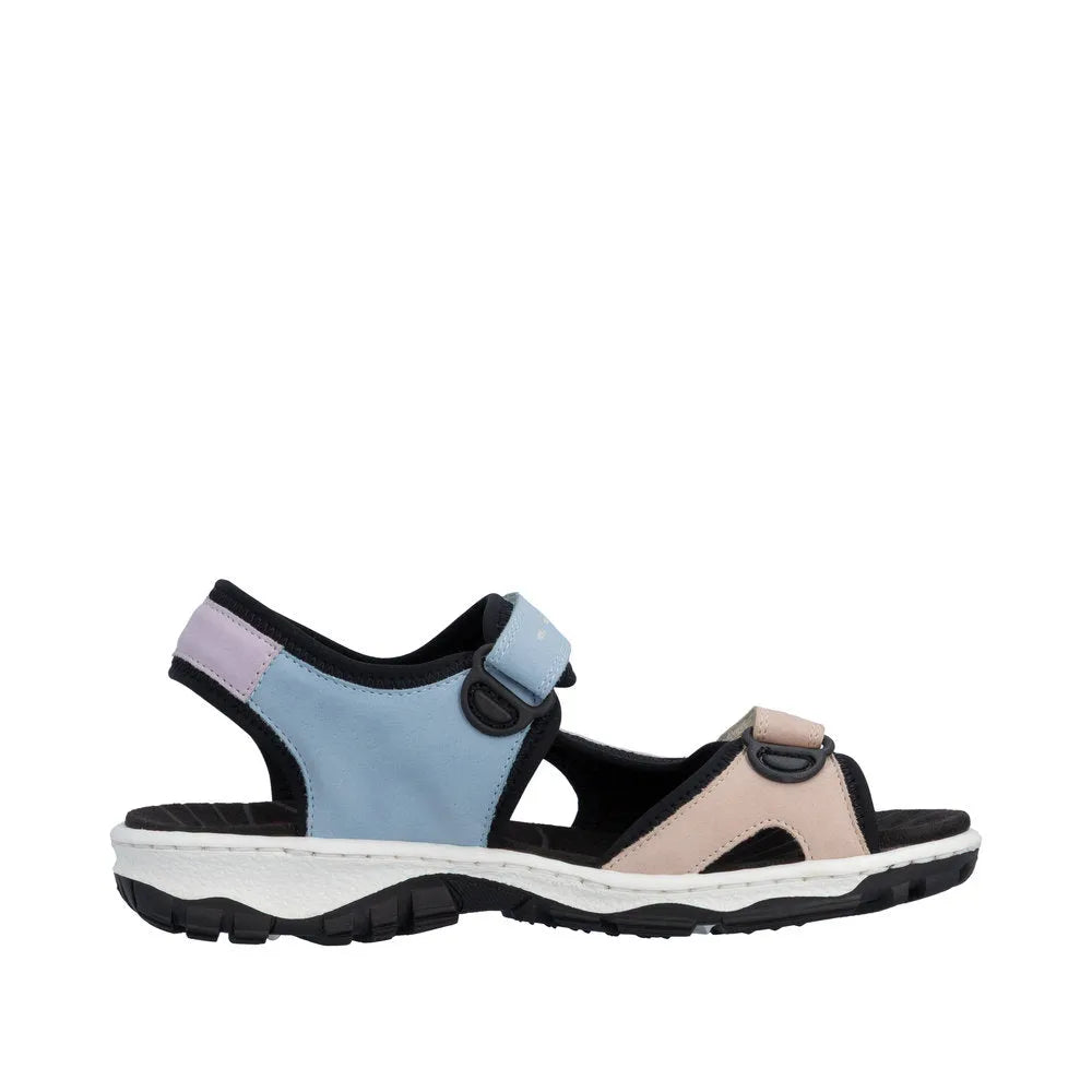 Rieker 68866-93 women’s multi-touch fastening sandal with pastel-colored straps, open toe, cushioned sole, and rugged outsole.