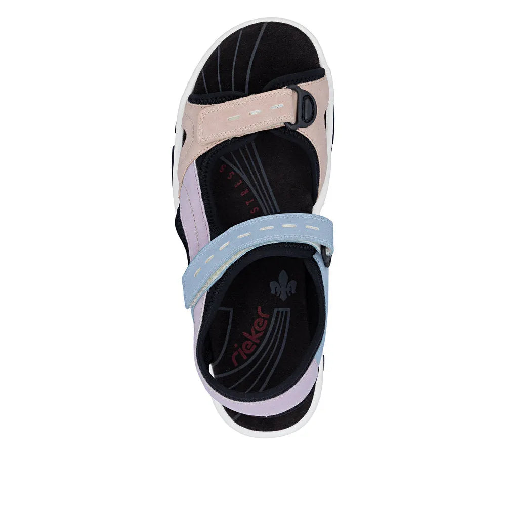 Rieker 68866-93 ladies multi-touch fastening sandals with colorful straps and cushioned insole.
