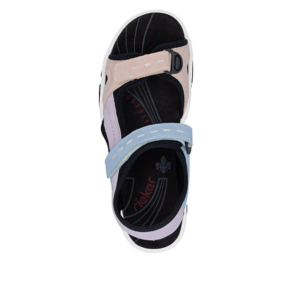 Rieker 68866-93 ladies multi-touch fastening sandals with colorful straps and cushioned insole.