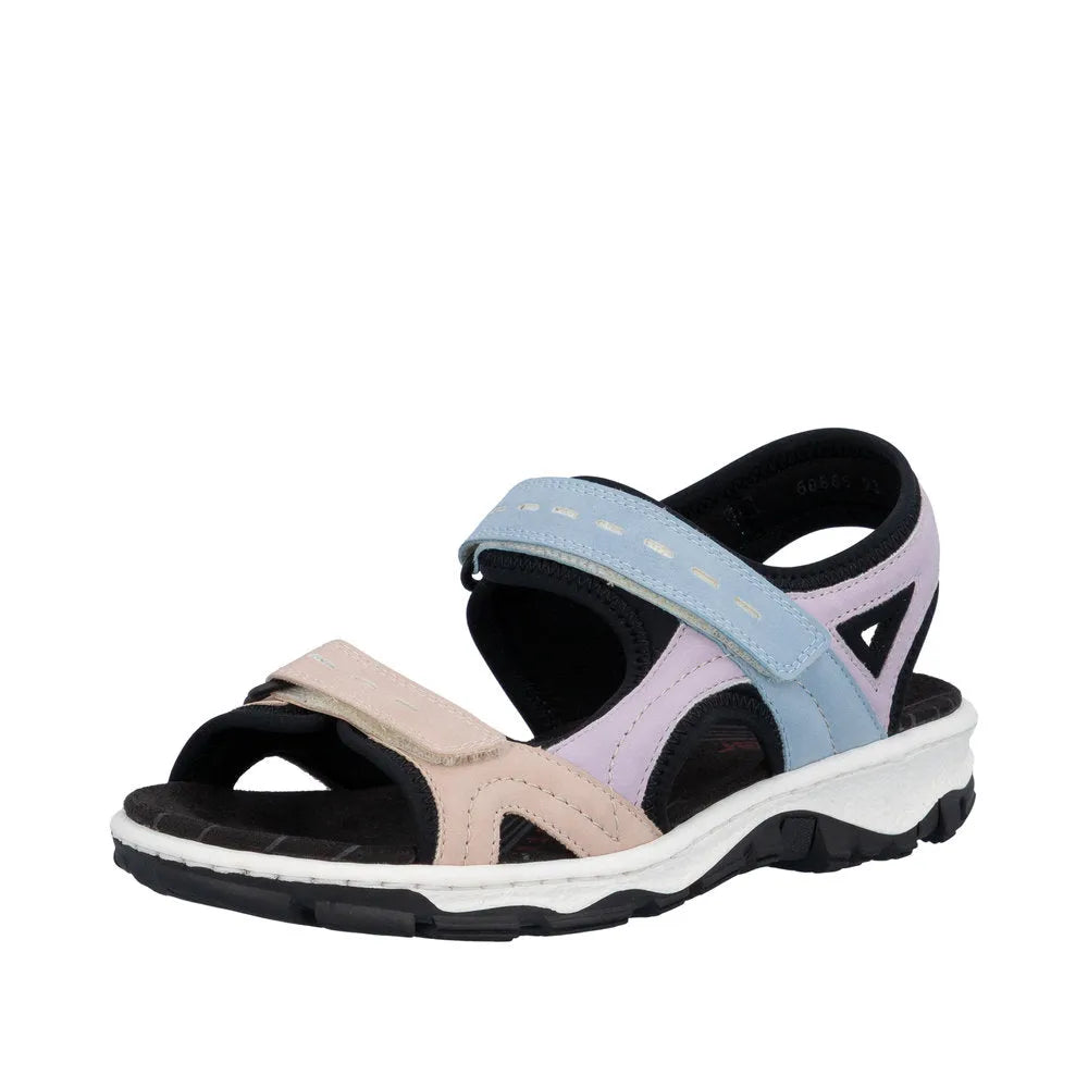 Rieker 68866-93 women's multi-color touch fastening sport sandals with cushioned sole and open toe design.