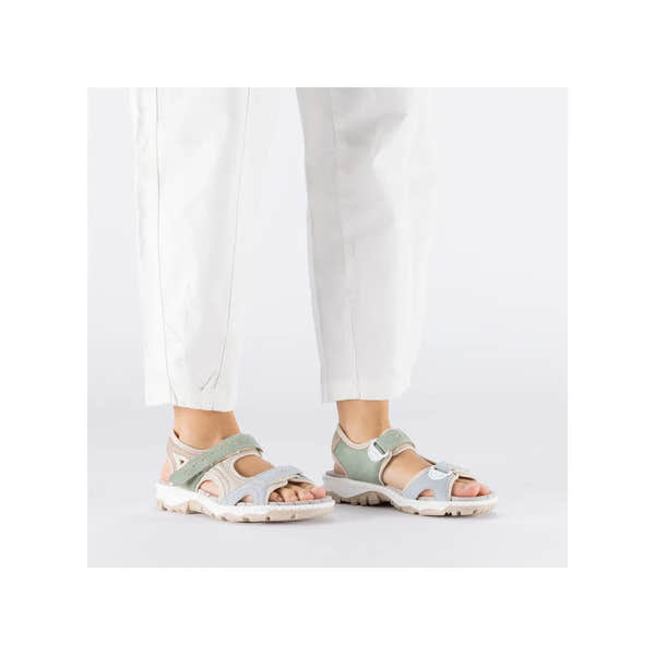 Rieker 68866-94 Ladies Multi-Touch Fastening Sandals in pastel colors, sporty open-toe design, adjustable straps, lightweight sole.