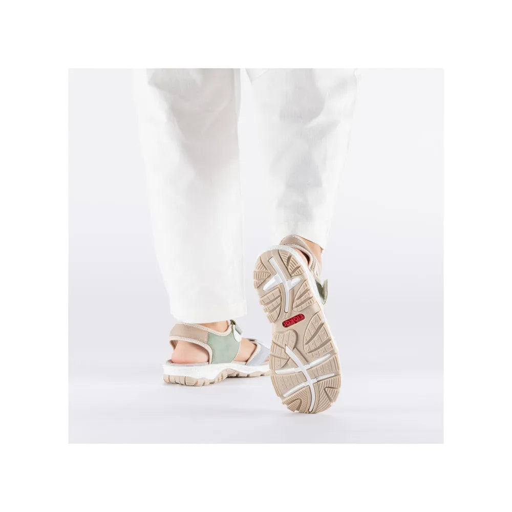 Rieker 68866-94 women's multi-touch fastening sandals with beige and green straps, cushioned soles, and textured rubber outsoles.