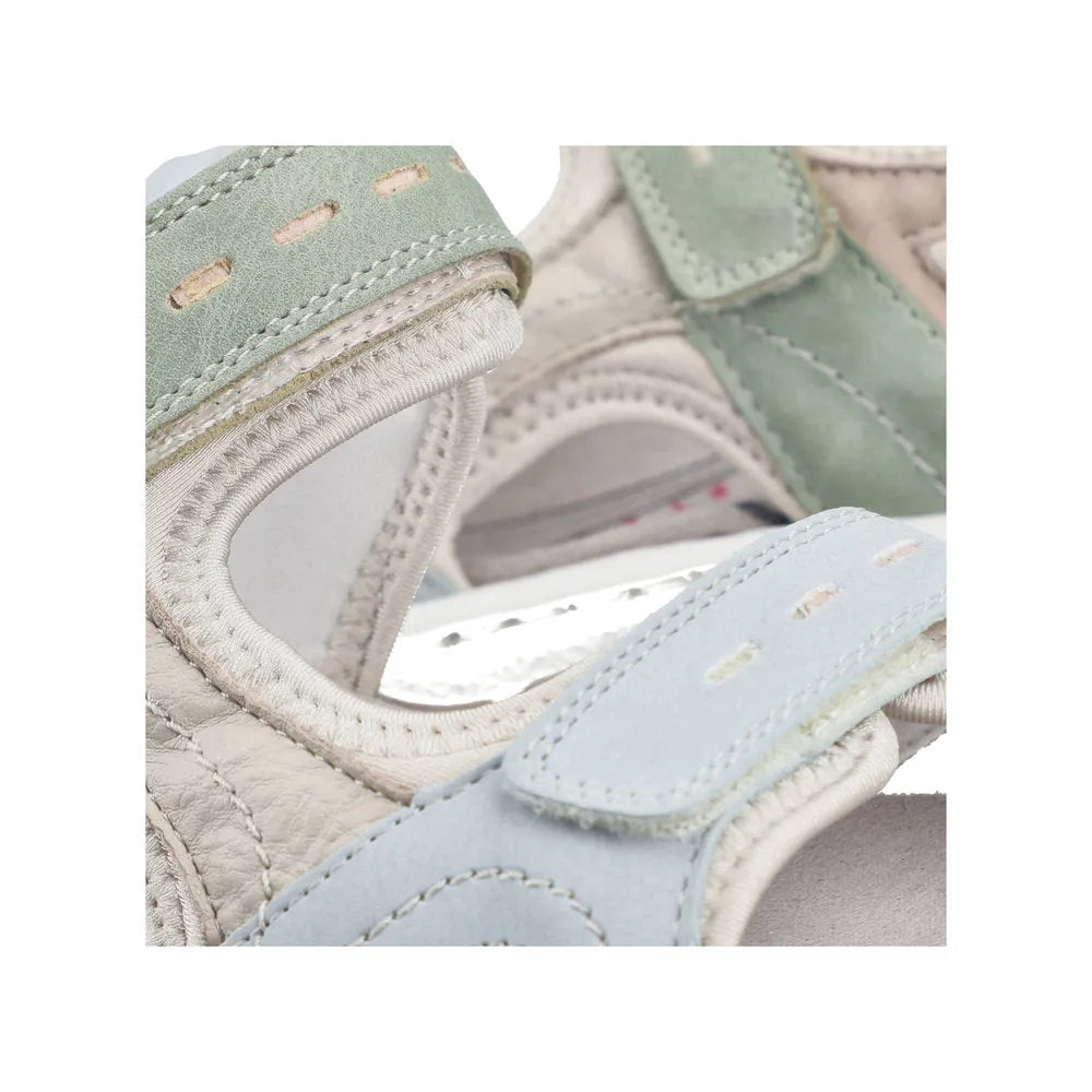 Rieker 68866-94 women's multi-touch fastening sandals with pastel green, blue, and beige straps, cushioned soles, and decorative stitching.