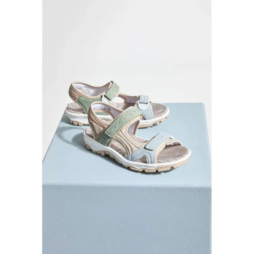 Rieker 68866-94 women's multi-color touch fastening sandals with adjustable straps and cushioned soles.