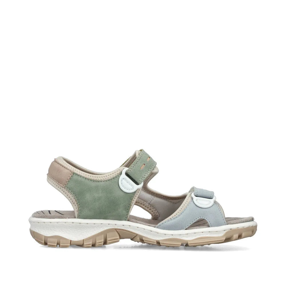 Rieker 68866-94 women's multi-touch fastening sandal with beige, green, and grey straps, cushioned sole, and rugged tread outsole.