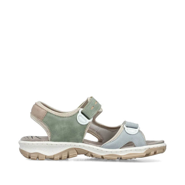 Rieker 68866-94 women's multi-touch fastening sandal with beige, green, and grey straps, cushioned sole, and rugged tread outsole.