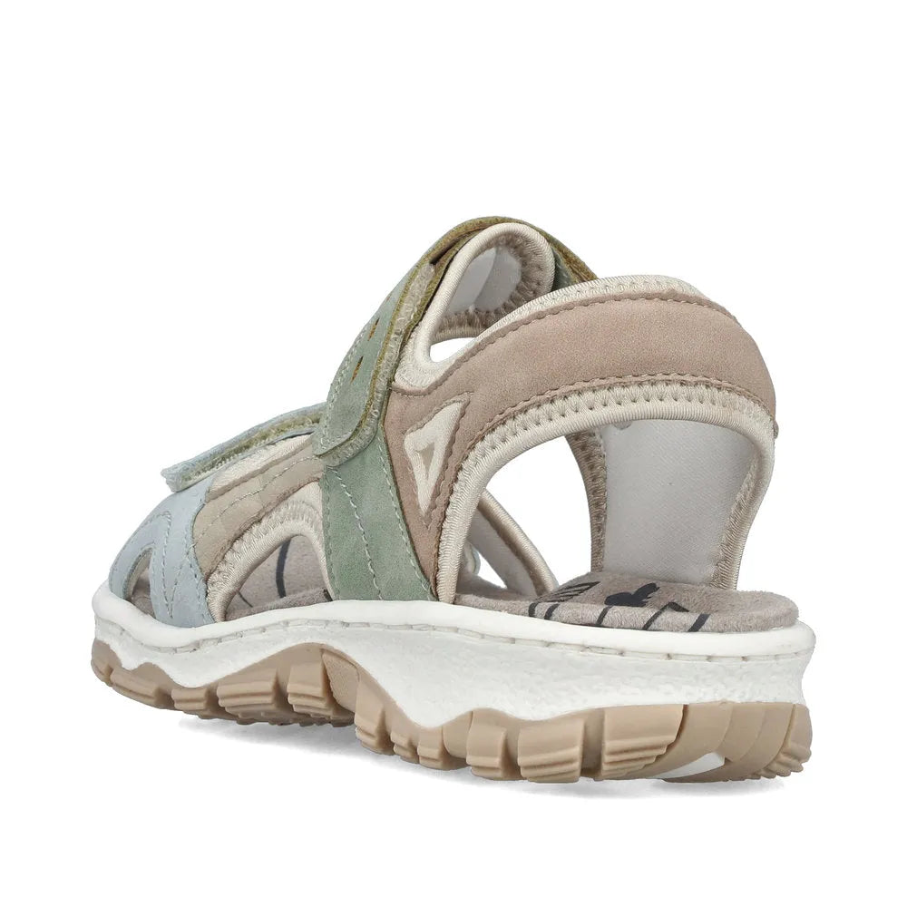 Rieker 68866-94 ladies multi-touch fastening sandals with cushioned sole and beige, green, and light blue straps.