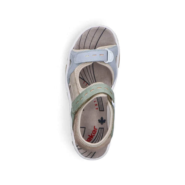 Rieker 68866-94 Ladies Multi-Touch Fastening Sandals with pastel blue and beige straps, cushioned footbed, and open-toe design.