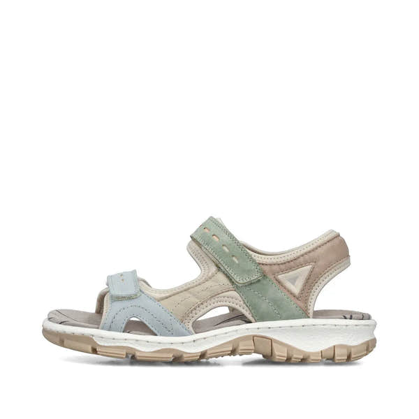 Rieker 68866-94 ladies multi-touch fastening sandals with pastel-colored straps and cushioned sole.