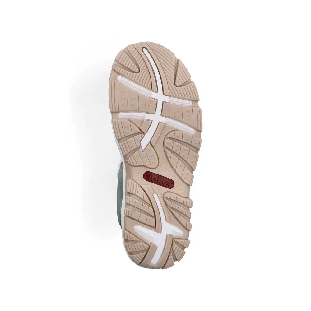 Rieker 68866-94 women's multi-touch fastening sandals with beige sole and sporty tread pattern.