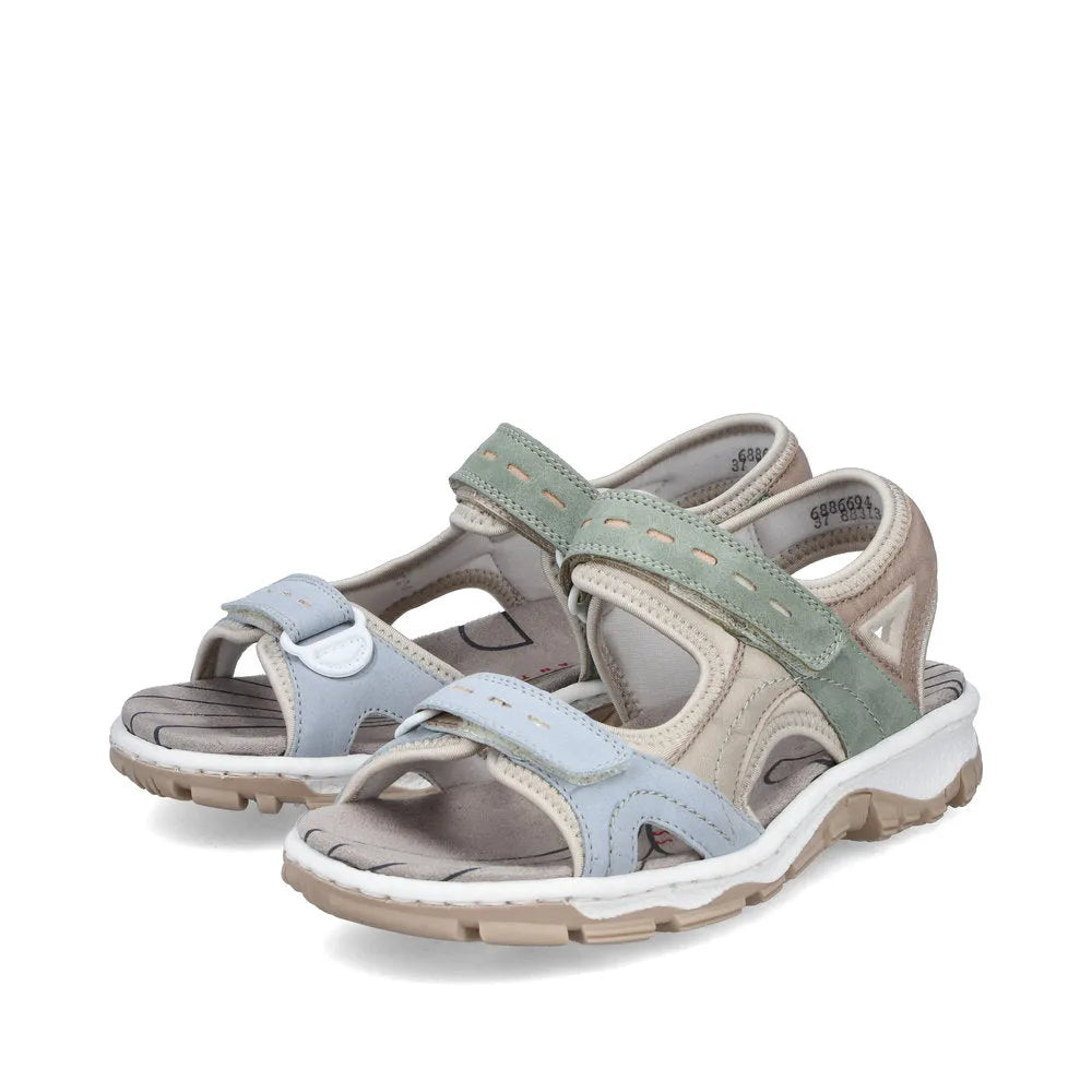 Rieker 68866-94 women's multi-touch fastening sandals with beige, gray, and light green straps, cushioned sole, and rugged outsole.