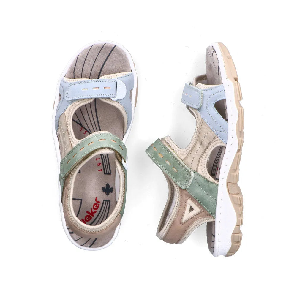 Rieker 68866-94 ladies multi-touch fastening sandals with beige, blue, and green straps, cushioned insole, and beige rubber sole.