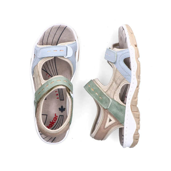 Rieker 68866-94 ladies multi-touch fastening sandals with beige, blue, and green straps, cushioned insole, and beige rubber sole.