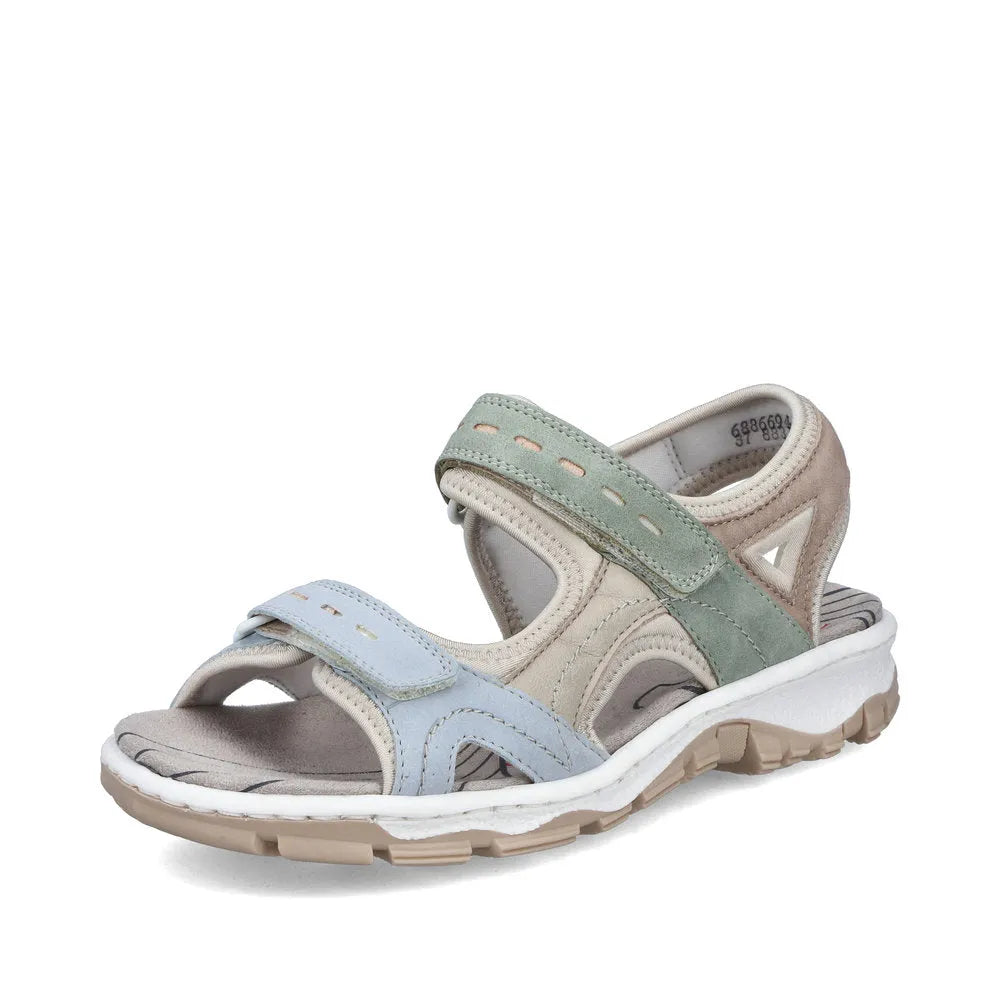 Rieker 68866-94 ladies' multi-touch fastening sandals with cushioned sole, beige and pastel blue/green straps, breathable design.