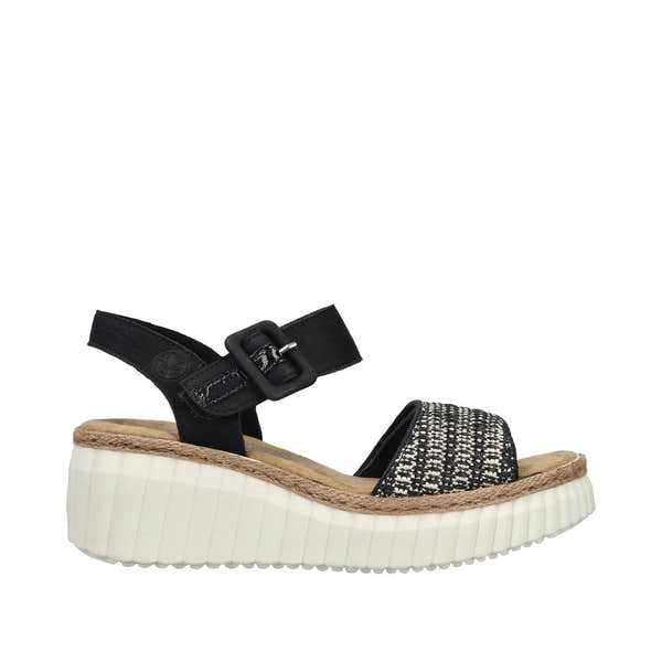 Rieker 69176-00 women's black buckle sandals with woven strap and chunky platform sole.