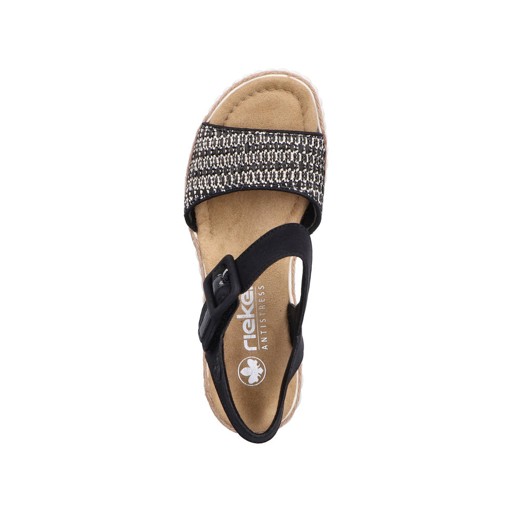 Rieker 69176-00 women's black buckle sandals with a woven strap and cushioned insole.