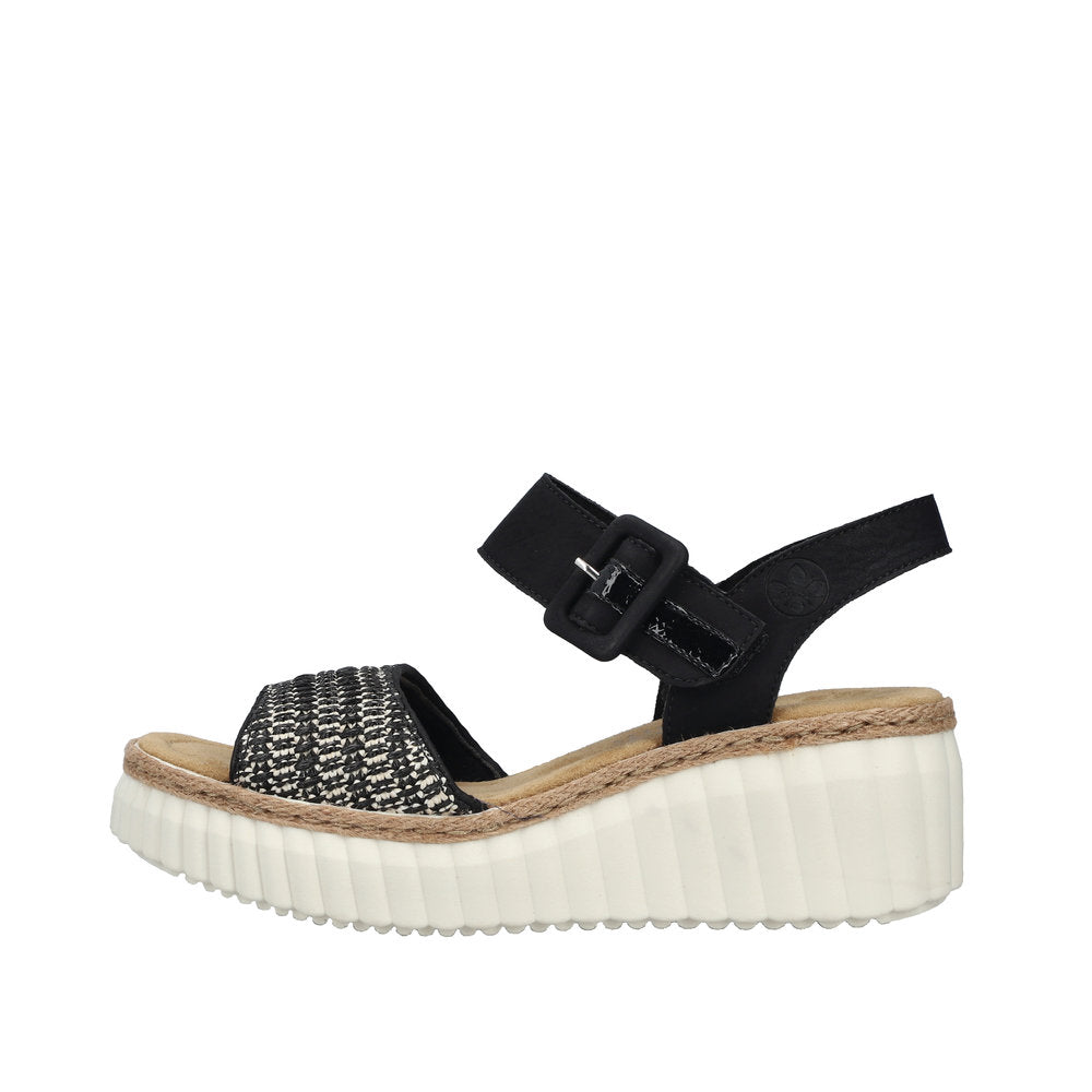 Rieker 69176-00 women's black buckle open-toe sandals with woven front strap and platform sole.
