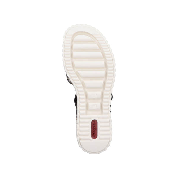 Rieker 69176-00 women's black buckle sandals with cushioned sole and open toe.