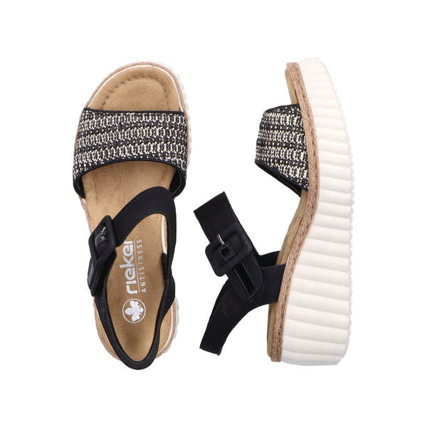 Rieker 69176-00 women's black buckle sandals with textile straps, cushioned footbed, and ribbed white sole for comfort.