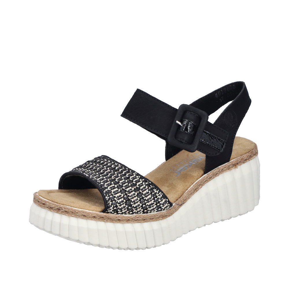 Rieker 69176-00 women's black buckle sandal with textured front strap, ankle strap, and white sole.