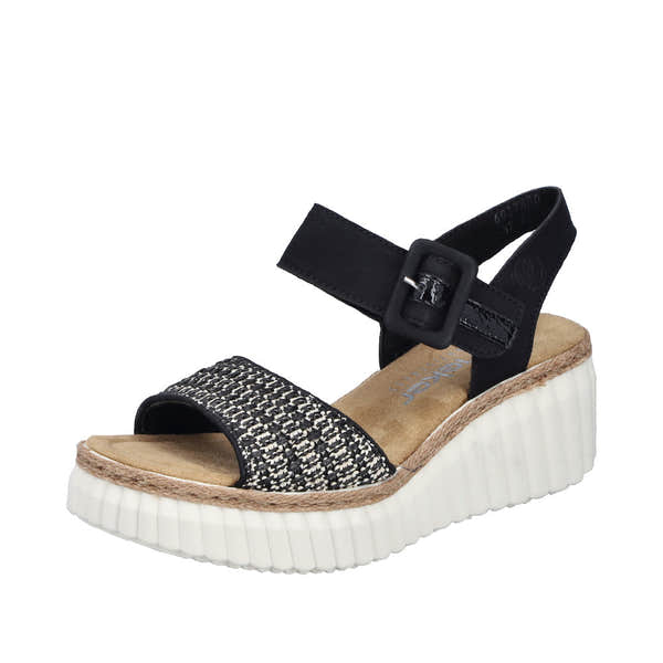 Rieker 69176-00 women's black buckle sandal with textured front strap, ankle strap, and white sole.