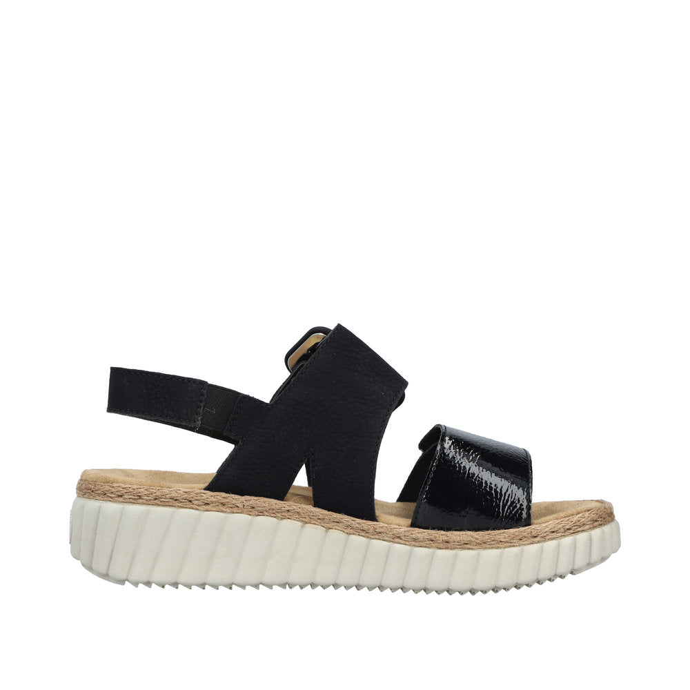 Rieker 69260-00 women's wide black buckle sandals with chunky sole and supportive straps.
