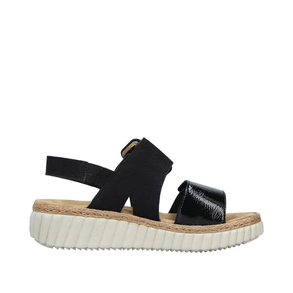 Rieker 69260-00 women's wide black buckle sandals with chunky sole and supportive straps.