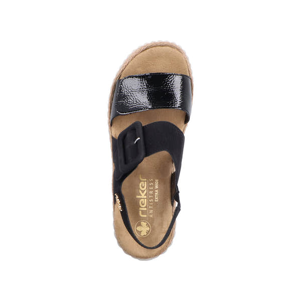 Rieker 69260-00 women's wide black buckle sandal with cushioned footbed and ankle strap, casual summer footwear.