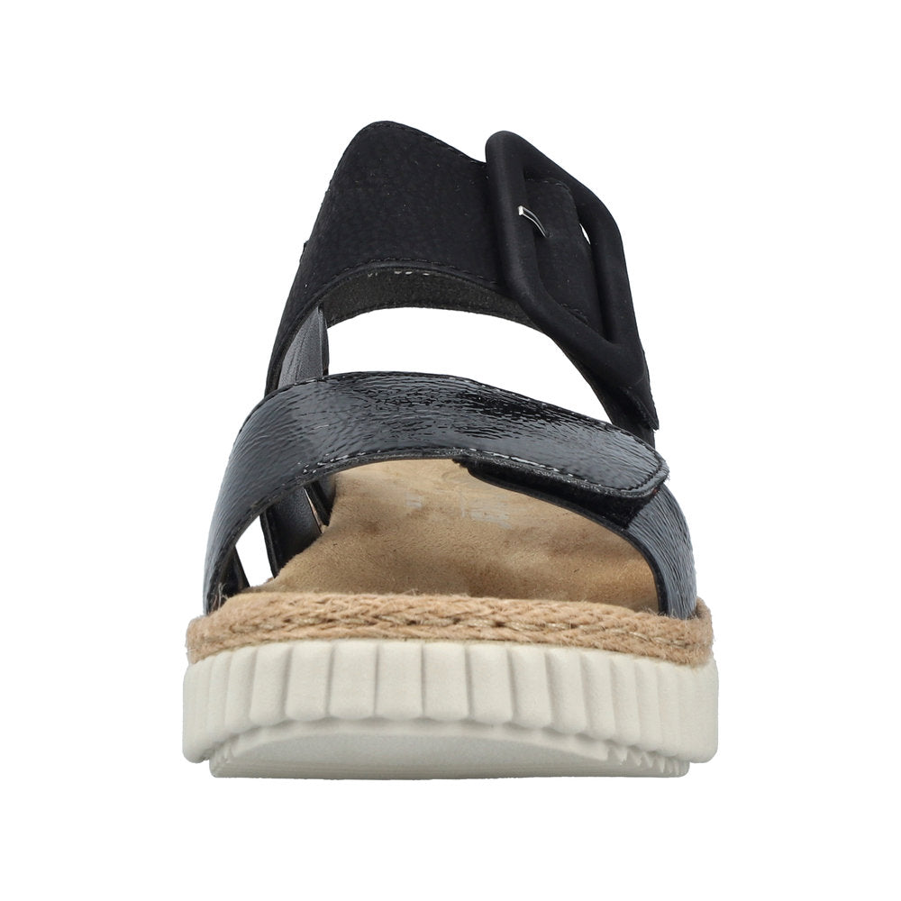 Rieker 69260-00 women's wide black buckle sandals with textured straps and cushioned sole.