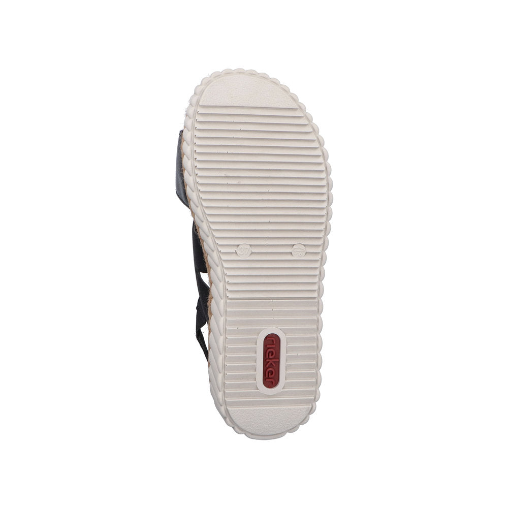 Rieker 69260-00 women's wide black buckle sandals with cushioned sole and adjustable straps.