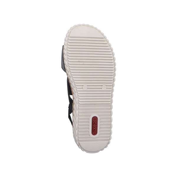 Rieker 69260-00 women's wide black buckle sandals with cushioned sole and adjustable straps.