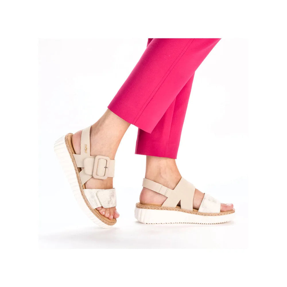 Rieker 69260-60 women's wide beige-gold touch fastening sandals with chunky white soles and adjustable straps.