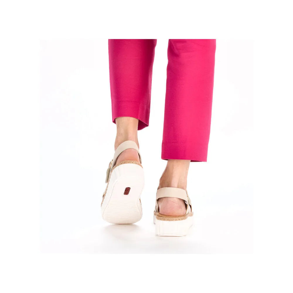 Rieker 69260-60 ladies wide beige-gold touch fastening sandals, open-toe with platform sole and ankle strap.