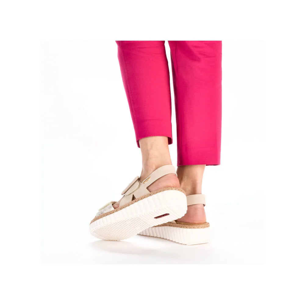 Rieker 69260-60 Ladies Wide Beige-Gold Touch Fastening Sandals with thick platform soles and ankle straps.