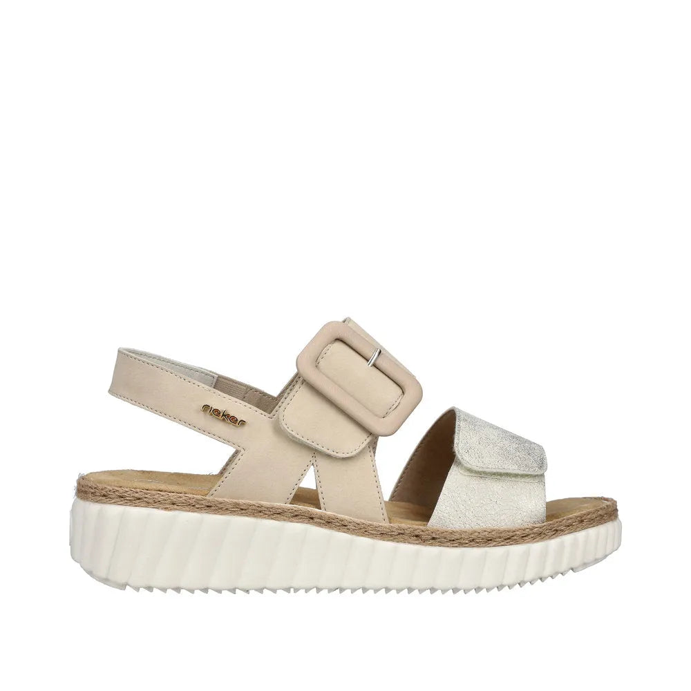 Rieker 69260-60 wide beige-gold touch fastening sandals for women, cushioned sole, adjustable buckle, casual summer footwear.