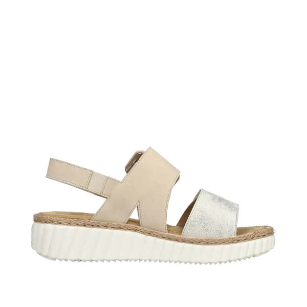 Rieker 69260-60 women's wide beige-gold touch fastening sandals with cork-inspired sole, comfortable strap design, and casual style.