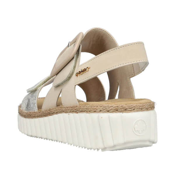 Rieker 69260-60 women's wide beige-gold touch fastening sandals with platform sole and decorative bow for comfortable summer wear.