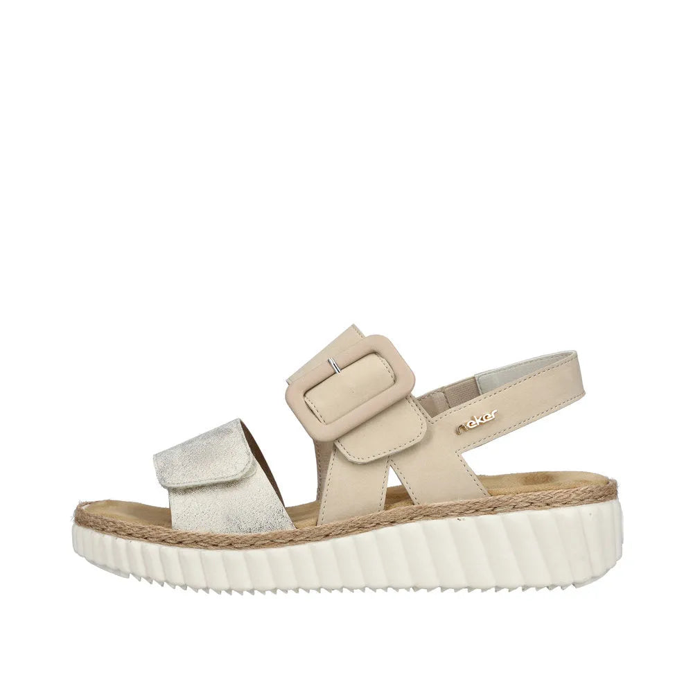 Rieker 69260-60 ladies wide beige-gold touch fastening sandals with cushioned sole and textured platform heel.
