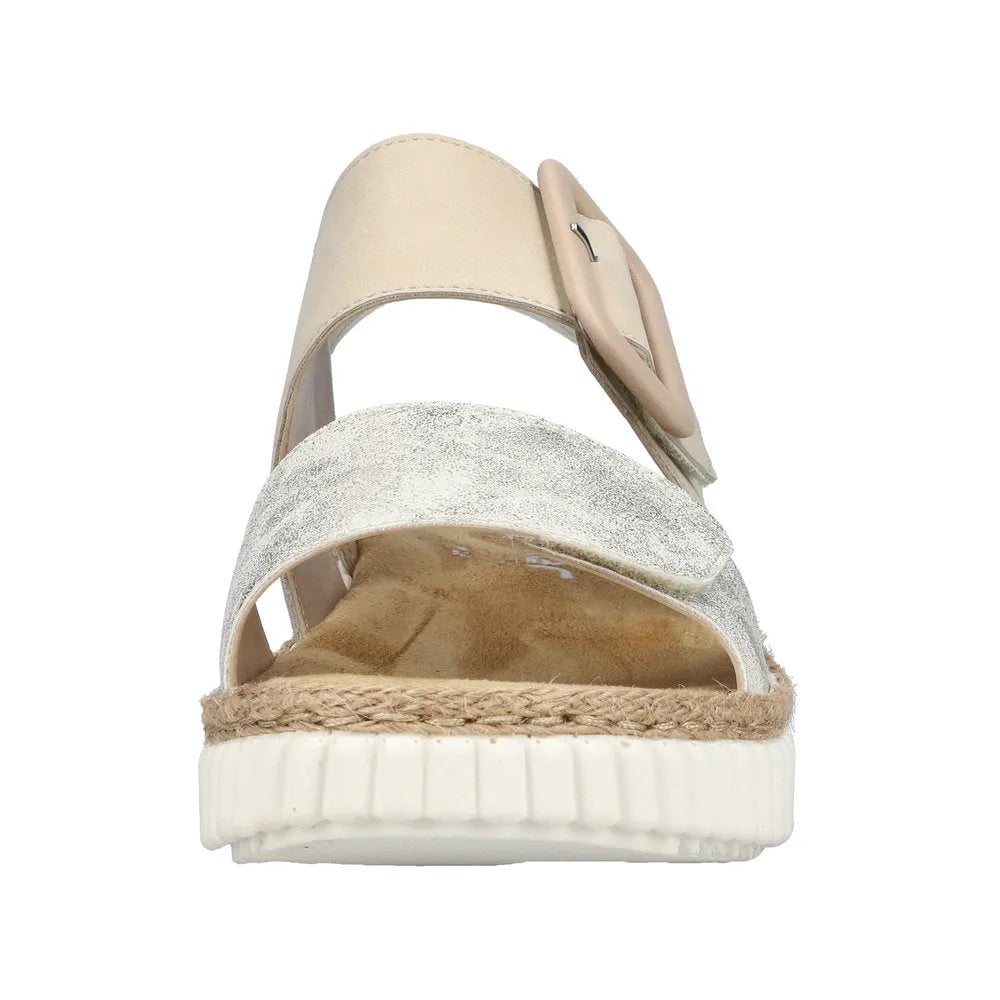 Rieker 69260-60 wide beige-gold touch fastening women's sandals with cushioned sole and an adjustable buckle strap.