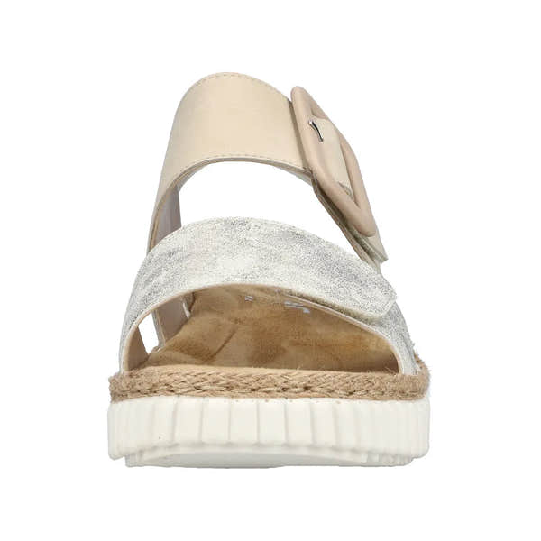 Rieker 69260-60 wide beige-gold touch fastening women's sandals with cushioned sole and an adjustable buckle strap.