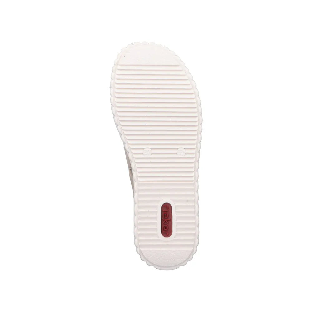 Rieker 69260-60 women's wide beige-gold touch fastening sandals with textured sole and logo detail.