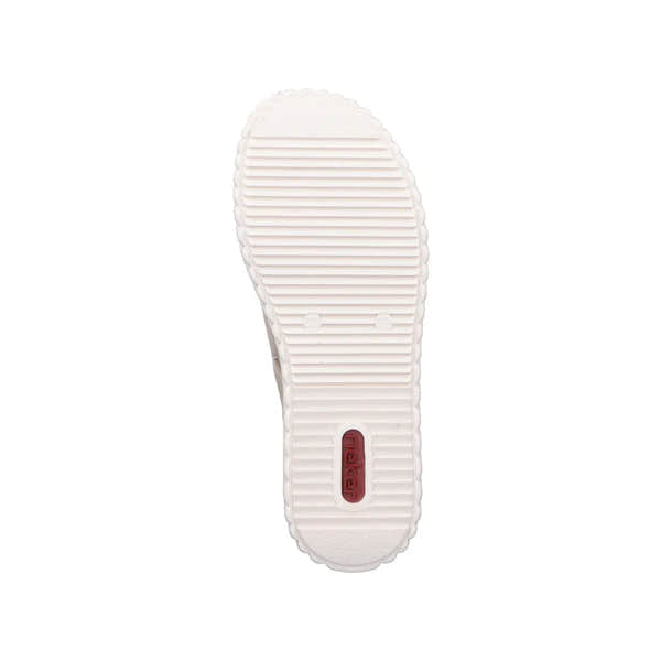 Rieker 69260-60 women's wide beige-gold touch fastening sandals with textured sole and logo detail.